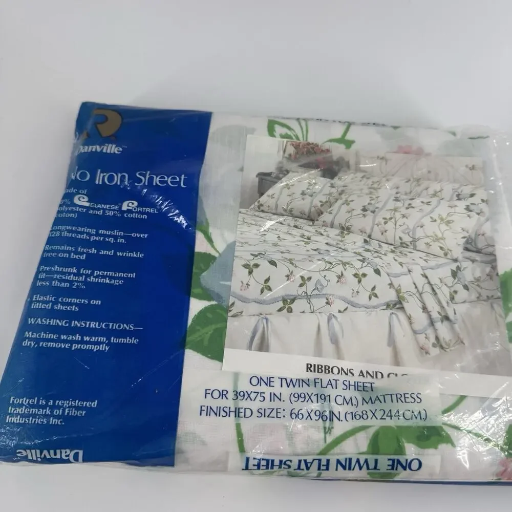 Vtg Danville Twin Flat Sheet “Ribbons & Clover” NOS Pink Rose FLORAL White Blue